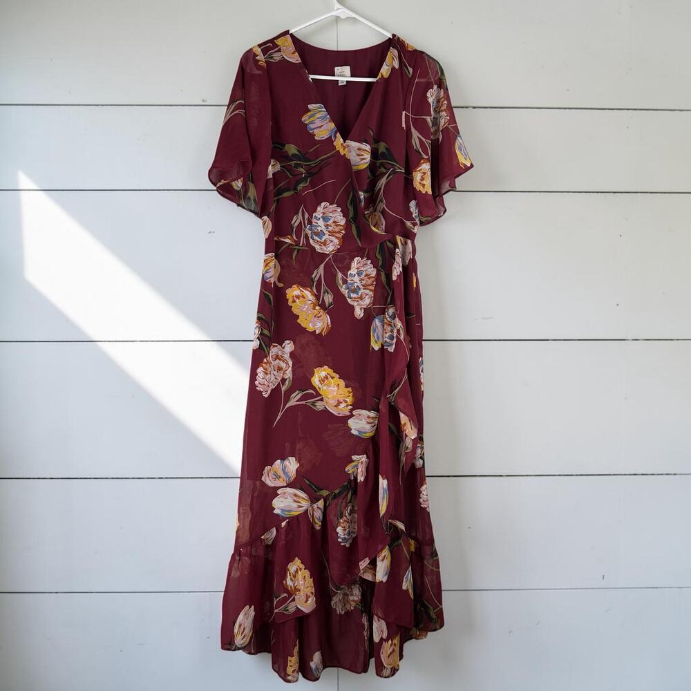 A New Day Floral Wrap Maxi Dress Burgundy Ruffle High Low Flutter Sleeve M